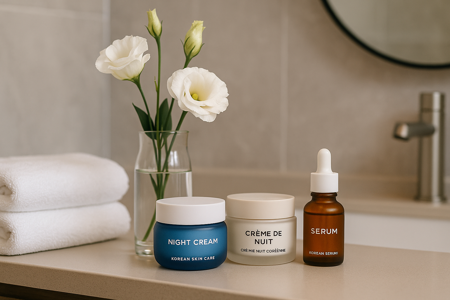 alt_text : Salle de bain moderne avec crèmes coréennes, serviettes blanches, fleurs et sérum sur étagère.