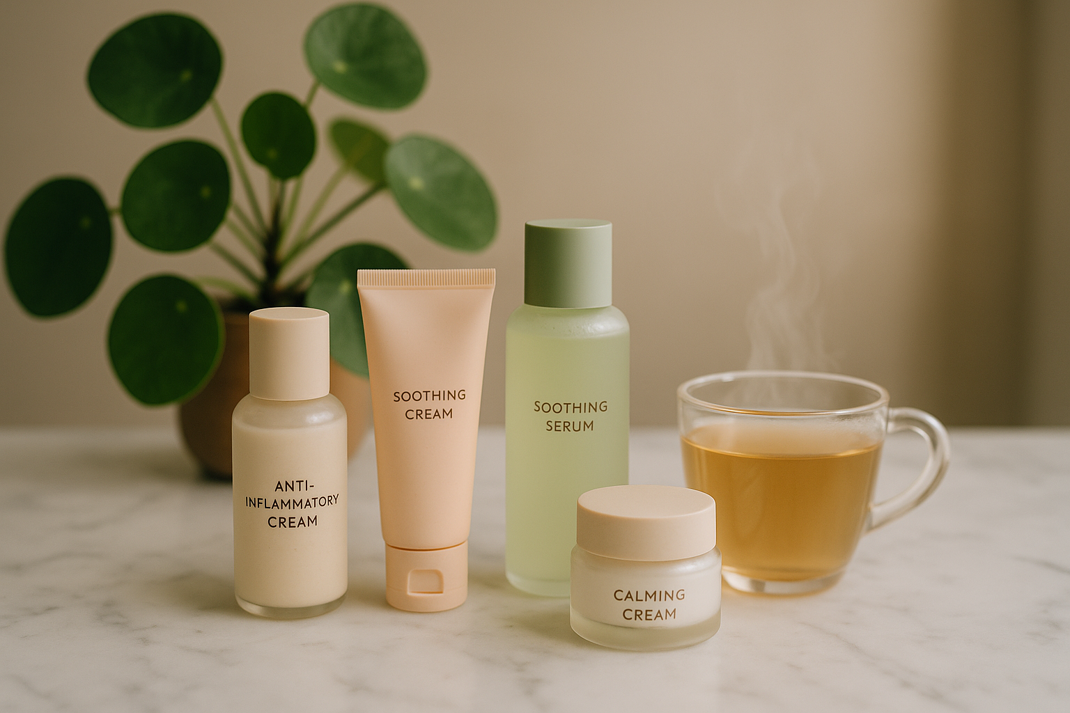alt_text : Scène sereine : produits coréens aux tons doux sur marbre, plante et thé fumant pour un apaisement naturel.