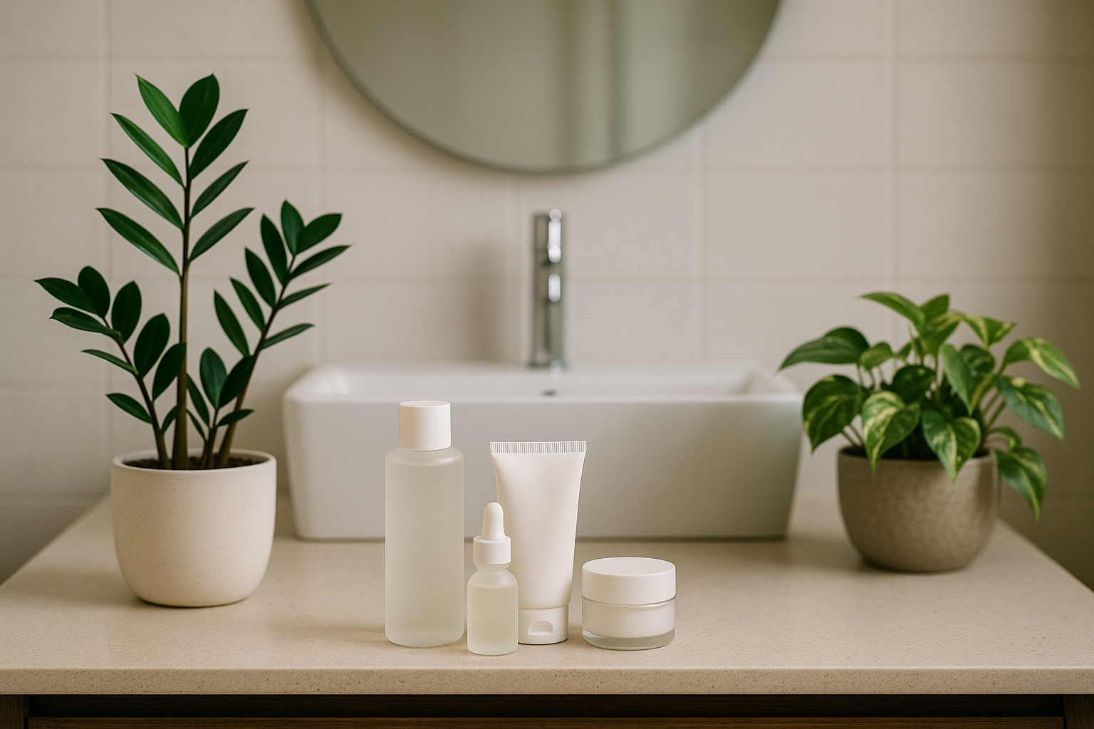 alt_text : Salle de bains moderne et épurée, avec soins coréens et plantes, reflétant naturel et élégance.
