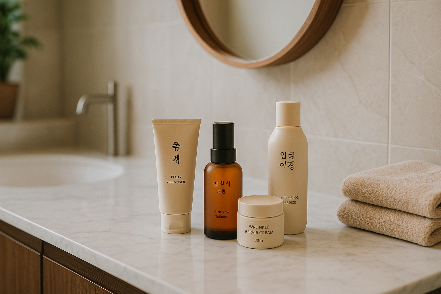 alt_text : Salle de bain moderne; produits coréens anti-âge sur comptoir en marbre; ambiance douce et asiatique.