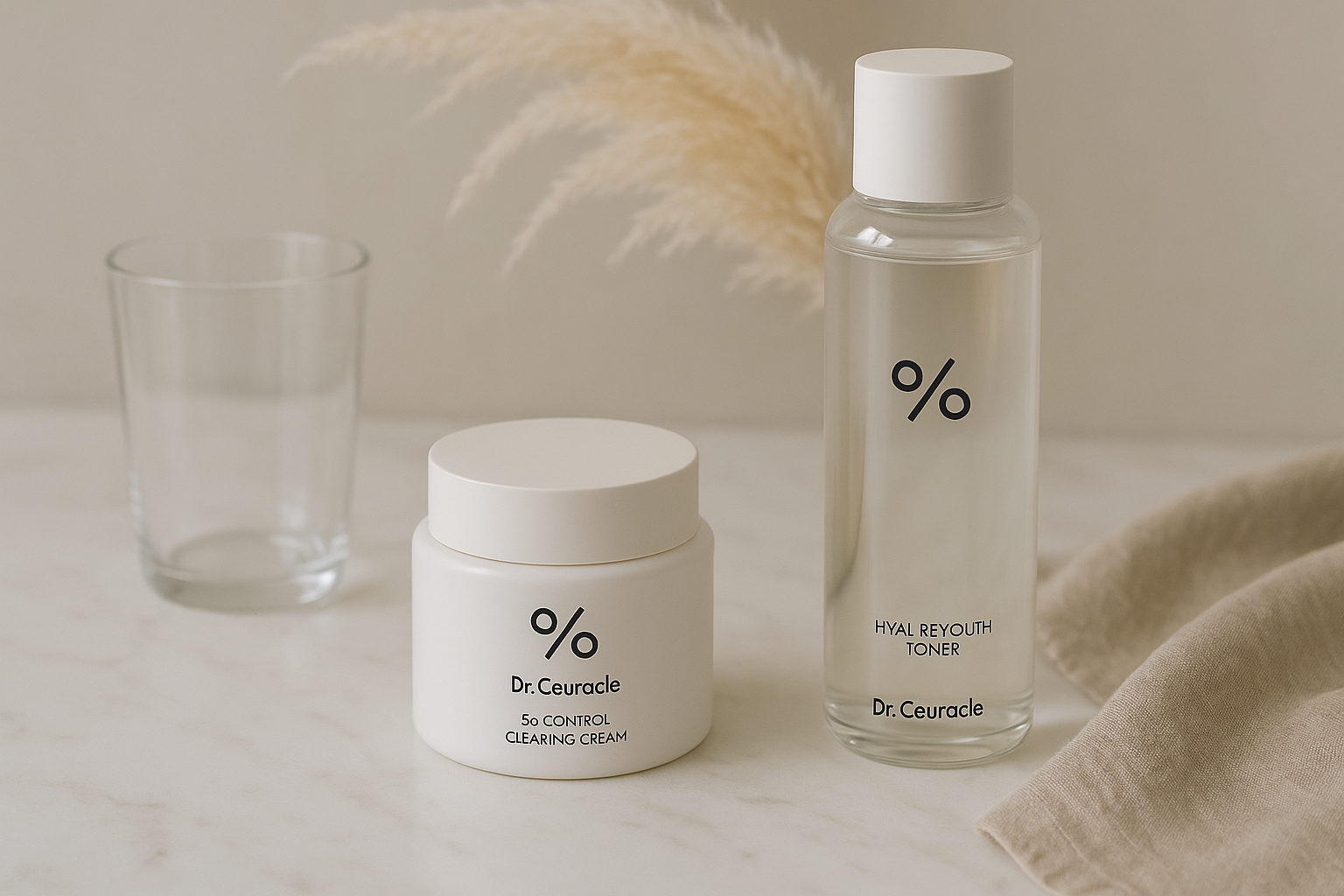 alt_text : Scène épurée avec produits Dr. Ceuracle sur marbre blanc, pampas, verre et lin pour élégance.