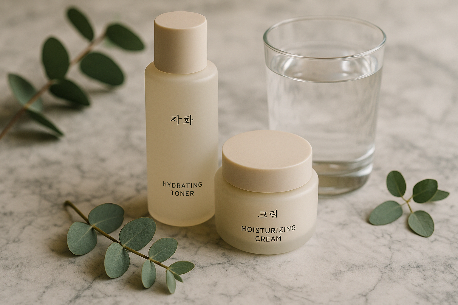 alt_text : Écrins raffinés de soins coréens, eau fraîche, et eucalyptus sur marbre texturé.