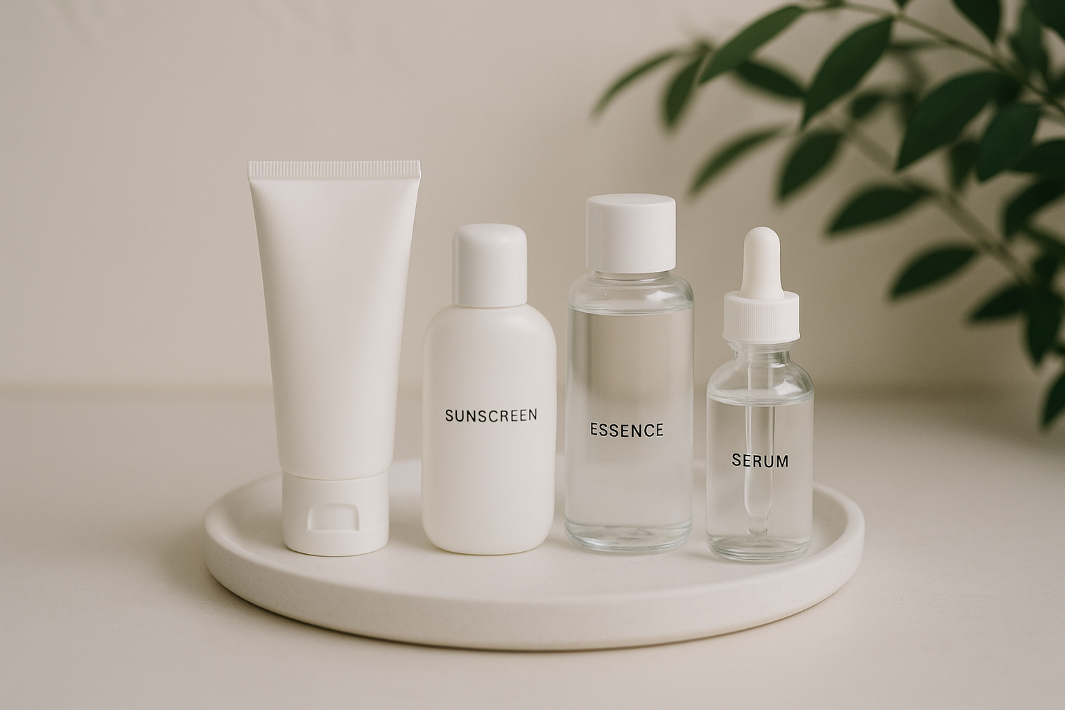 Produits de soin minimalistes sur plateau blanc : hydratants, crème solaire, essence, sérum, déco verte.