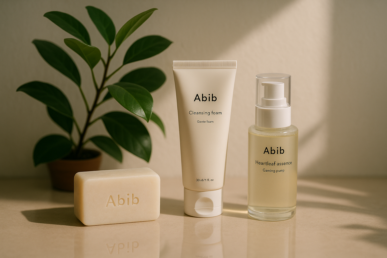 alt_text : Scène minimaliste avec produits Abib, plante verte, lumière douce, reflet d'un skincare responsable.