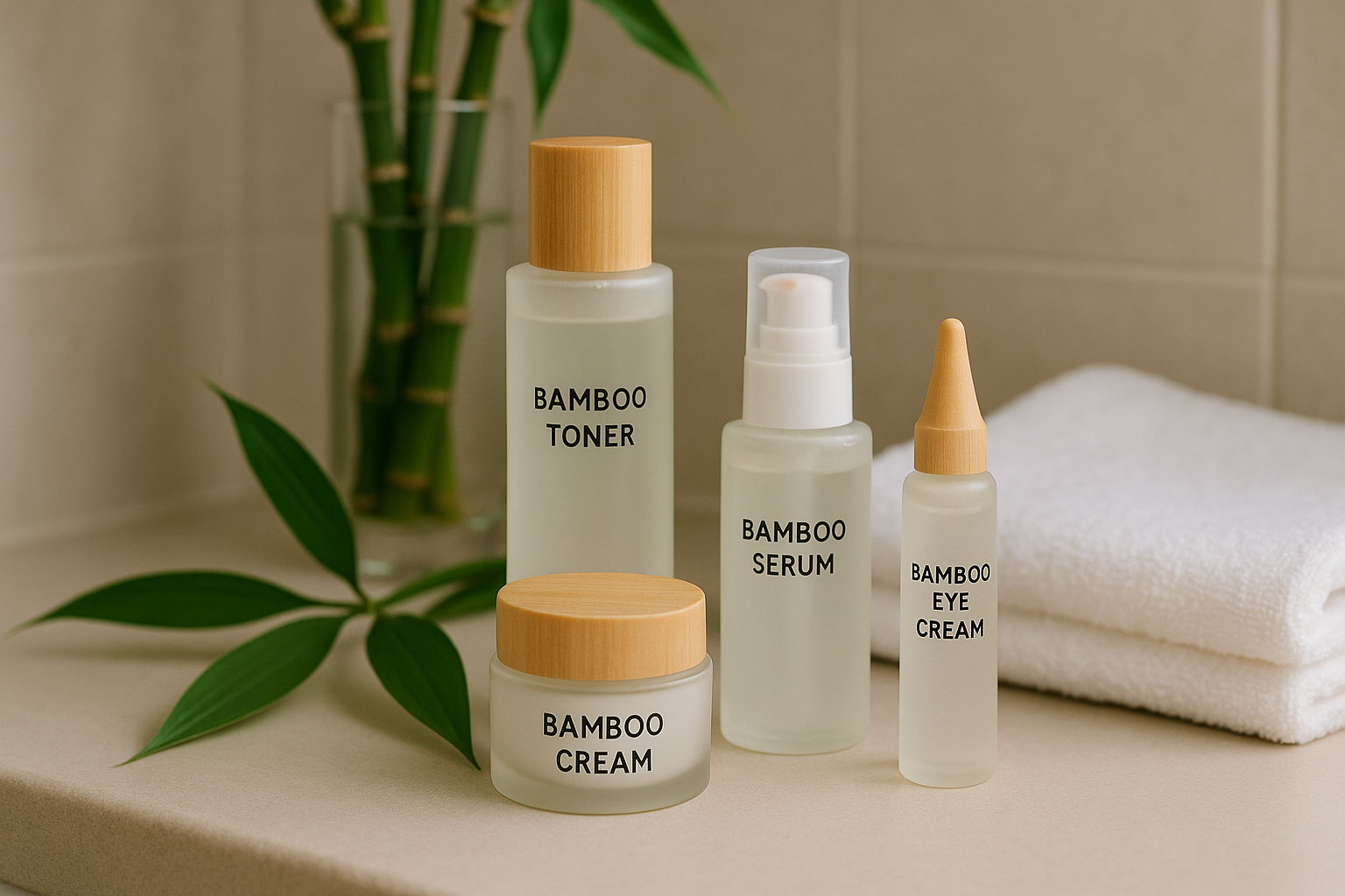 alt_text : Salle de bains minimaliste, flacons skincare coréens, bambou, serviette blanche, feuilles vertes.