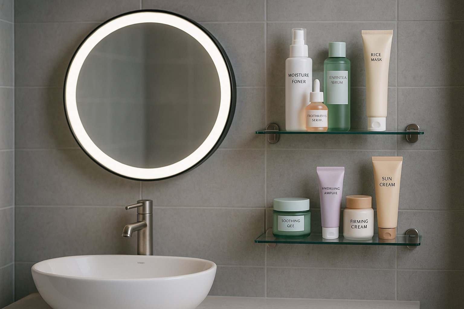 alt_text : Salle de bain moderne avec étagères en verre, produits de soin coréens, miroir rond lumineux.