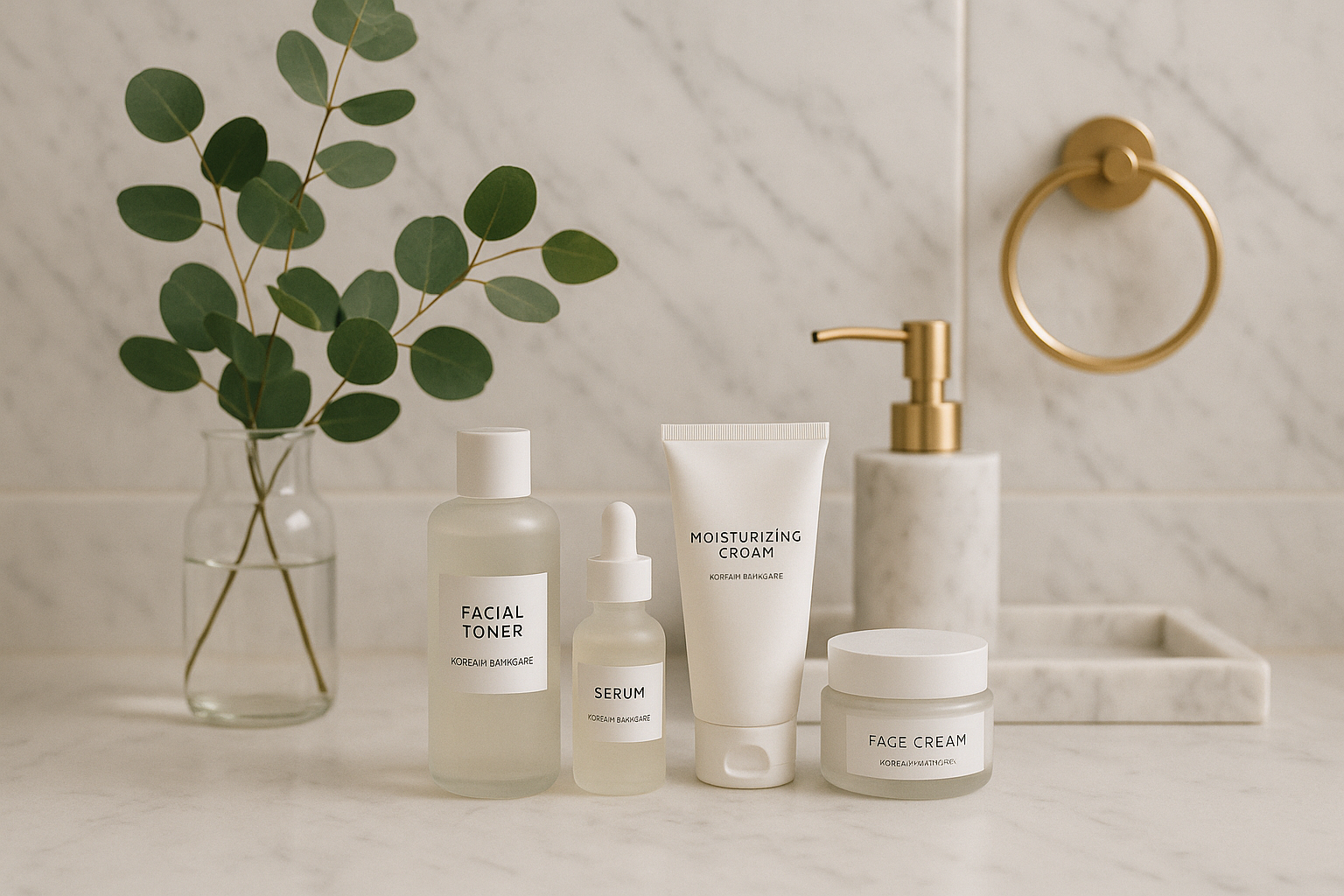 alt_text : Salle de bains minimaliste avec produits de soins coréens, marbre blanc, accents dorés et eucalyptus.