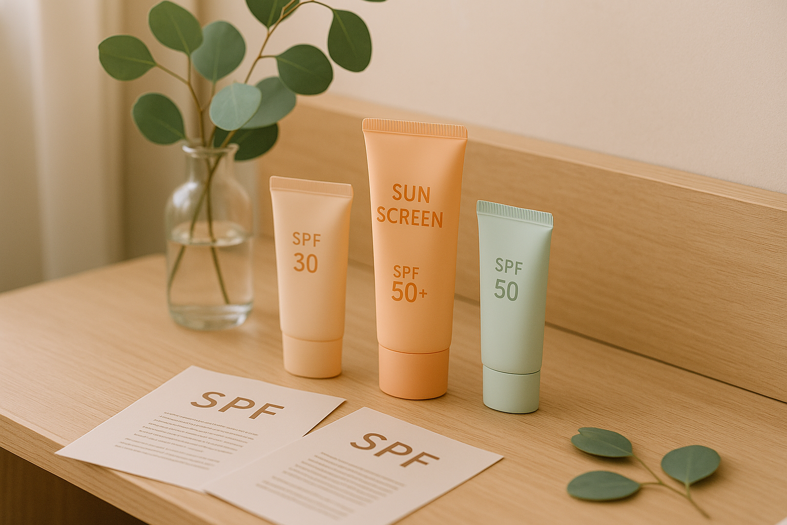 alt_text : Scène minimaliste de salle de bain avec soins SPF coréens pastel, accents bois, eucalyptus et brochures.