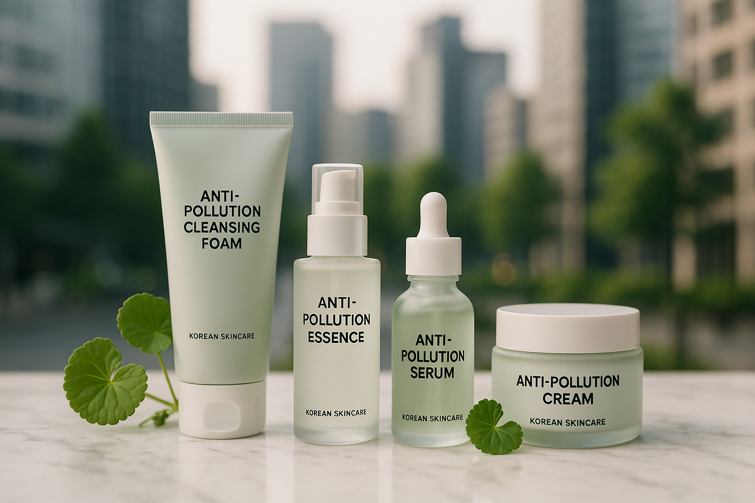 alt_text: Produits de skincare coréen anti-pollution sur marbre, lumière douce, plantes Centella, fond urbain.