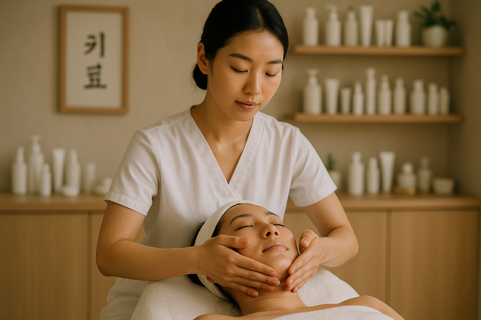 alt_text : Scène apaisante dans un studio de skincare coréen moderne, centrée sur l'art du massage facial.