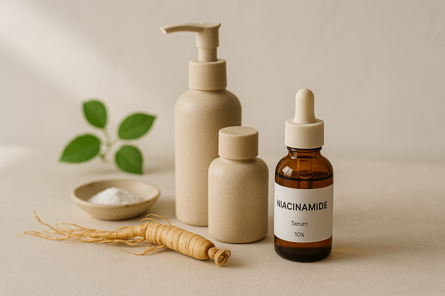 alt_text : Espace beauté épuré, soin coréen. Flacons en grès, lumière douce, ginseng et niacinamide en vedette.