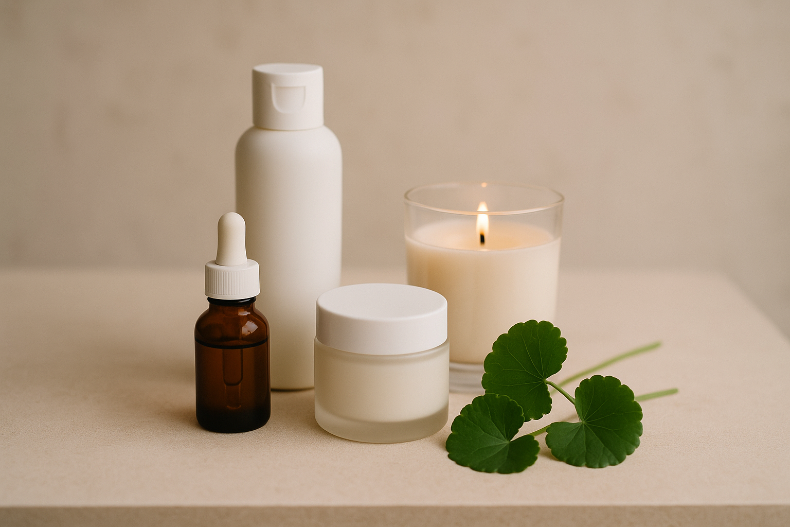 alt_text : Un espace de soin minimaliste avec des produits de skincare, bougie et feuilles de Centella Asiatica.