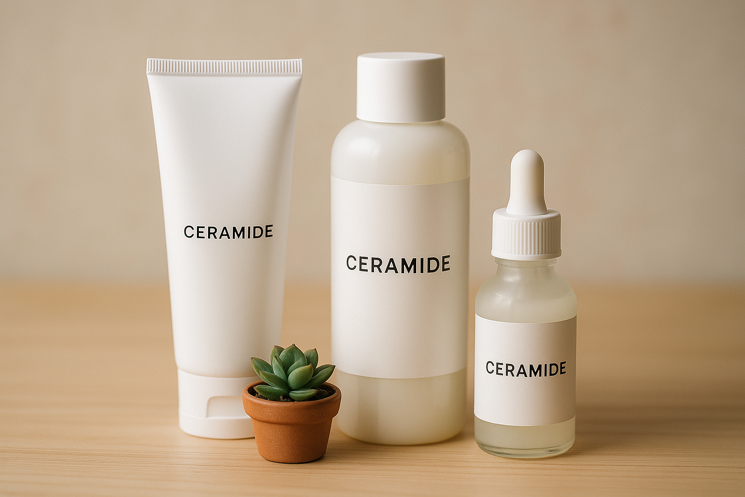 « alt_text » : Produits skincare au céramide sur bois clair avec succulente, éclairage doux, fond neutre.