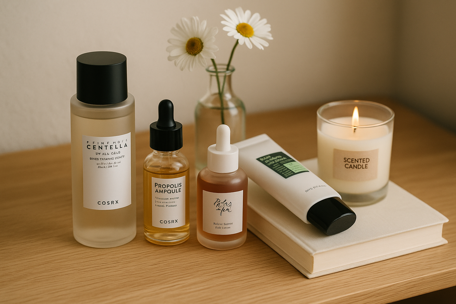 alt_text : Vanité minimaliste en bois avec produits skincare coréens, fleurs, livre, et bougie parfumée.