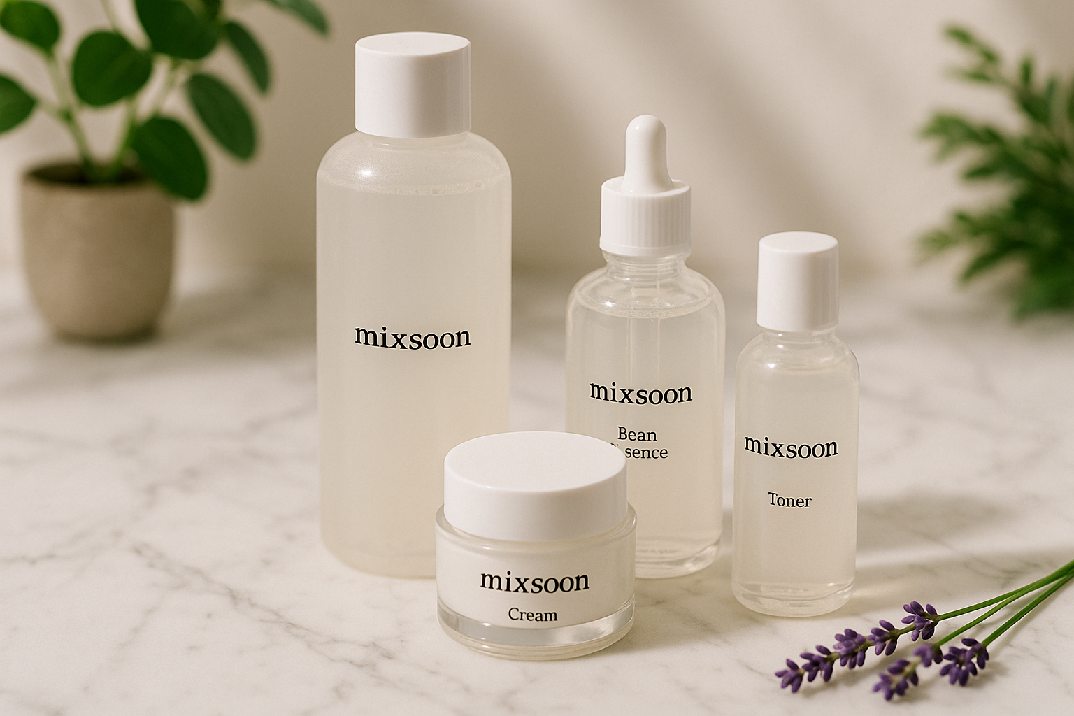 alt_text : Produits Mixsoon sur marbre blanc, lumière douce, plante et lavande, ambiance naturelle et chic.