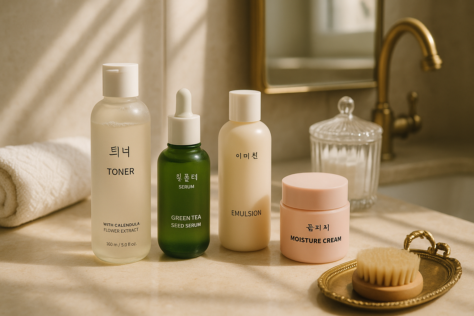 alt_text : Salle de bain élégante, produits skincare coréens et accessoires raffinés sous lumière naturelle.