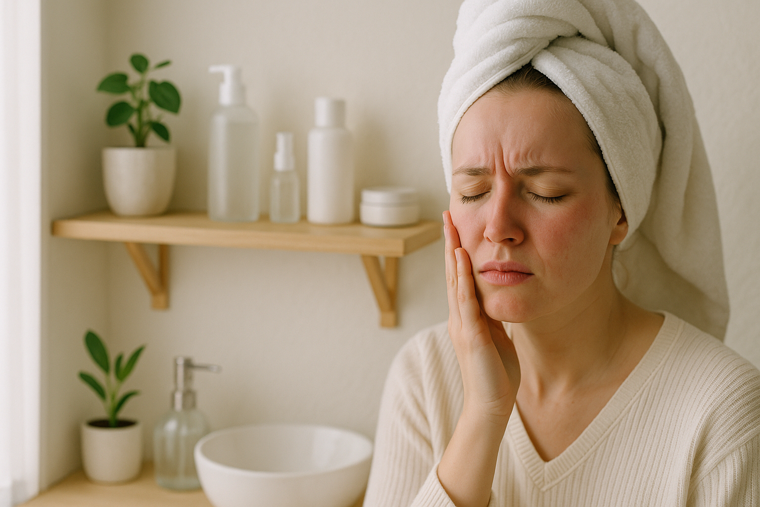 alt_text : Salle de bain minimaliste, étagères bois clair, soins coréens, lumière naturelle, touches vertes.