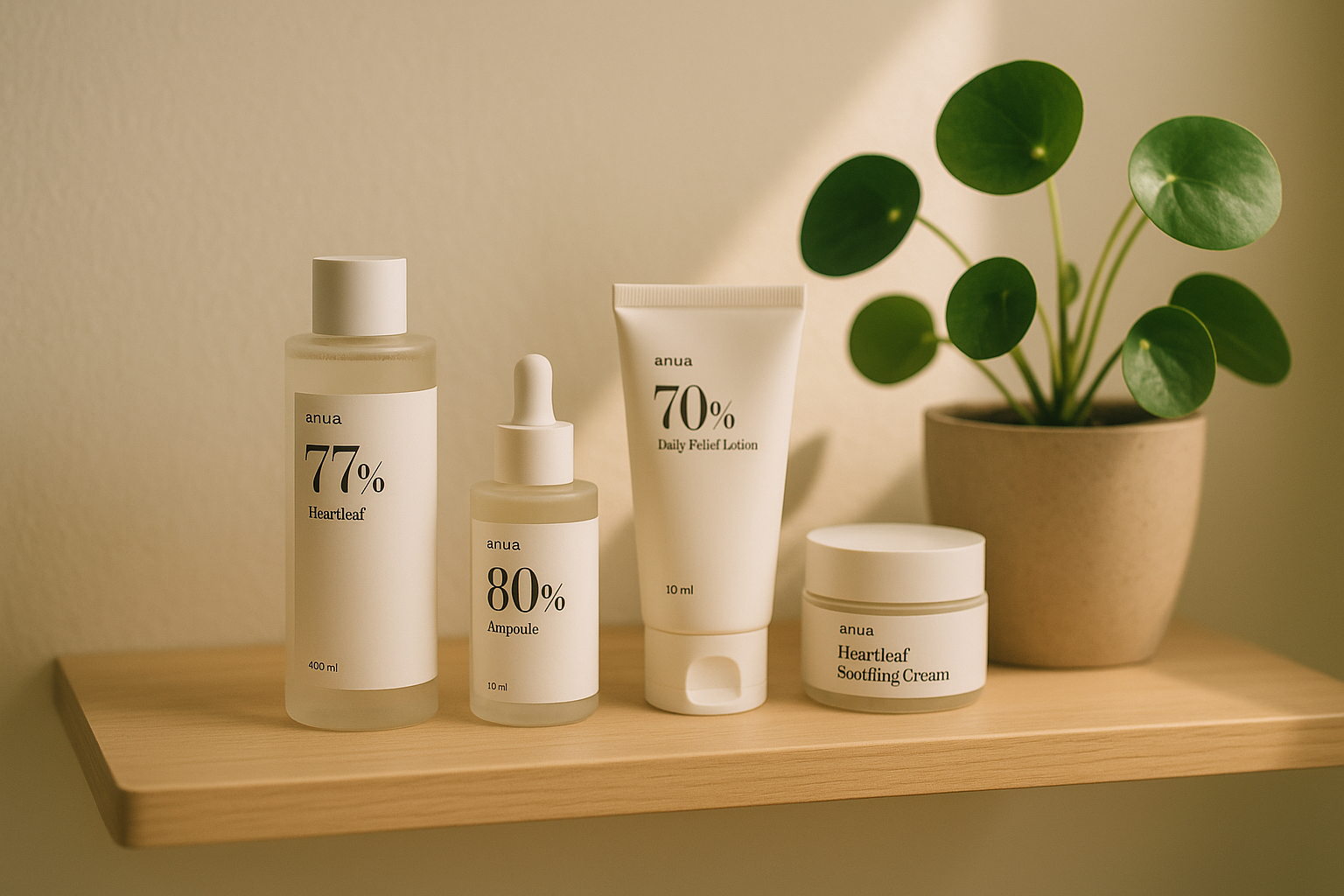 alt_text : Étagère minimaliste avec soins Anua pour peaux sensibles. Lumière douce, tons pastel et plante.