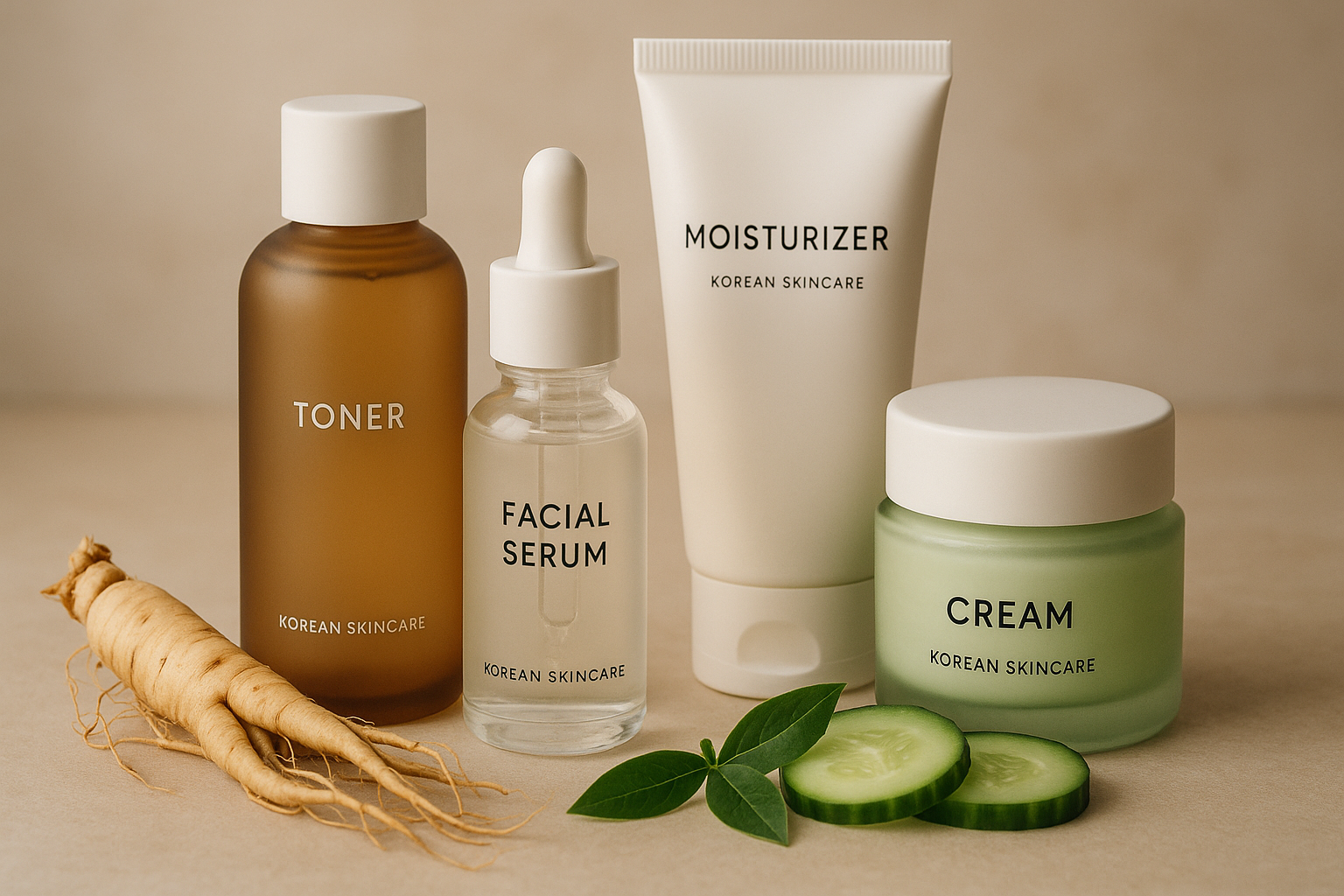 Produits de skincare coréen sur fond épuré avec ginseng, thé vert et concombre, éclairage doux.