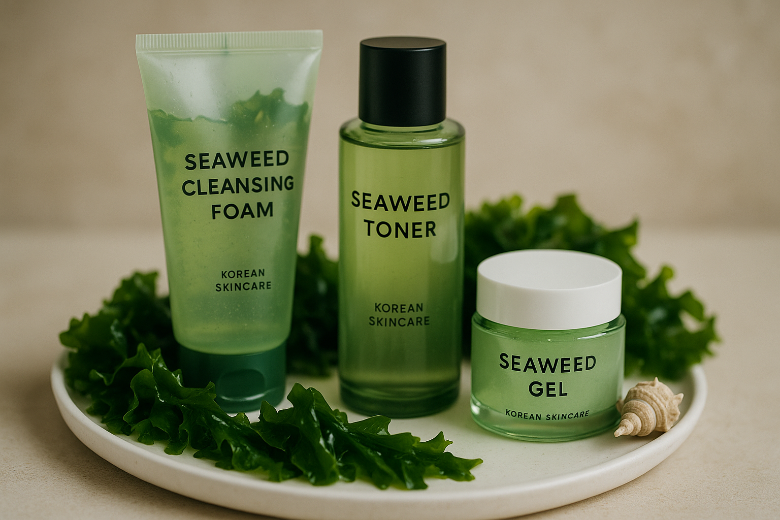 Produits skincare coréens à base d'algues sur plateau blanc, décorés d'algues fraîches et coquillage.