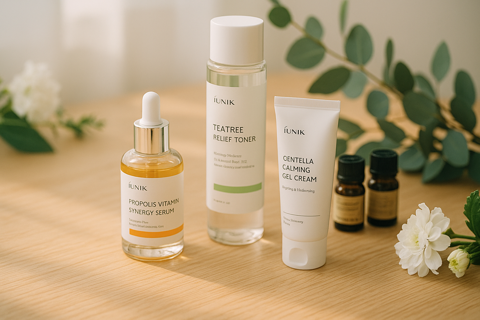 alt_text : Scène lumineuse avec produits Iunik, huiles essentielles, eucalyptus et fleurs blanches sur bois clair.