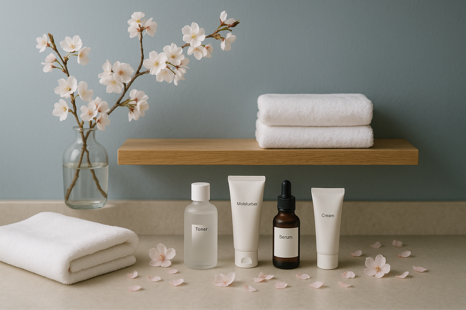 alt_text : Salle de bain apaisante avec murs bleu-gris, étagère en chêne, produits skincare coréens, serviettes blanches, pétales fleuris et branches de cerisier en fleurs.
