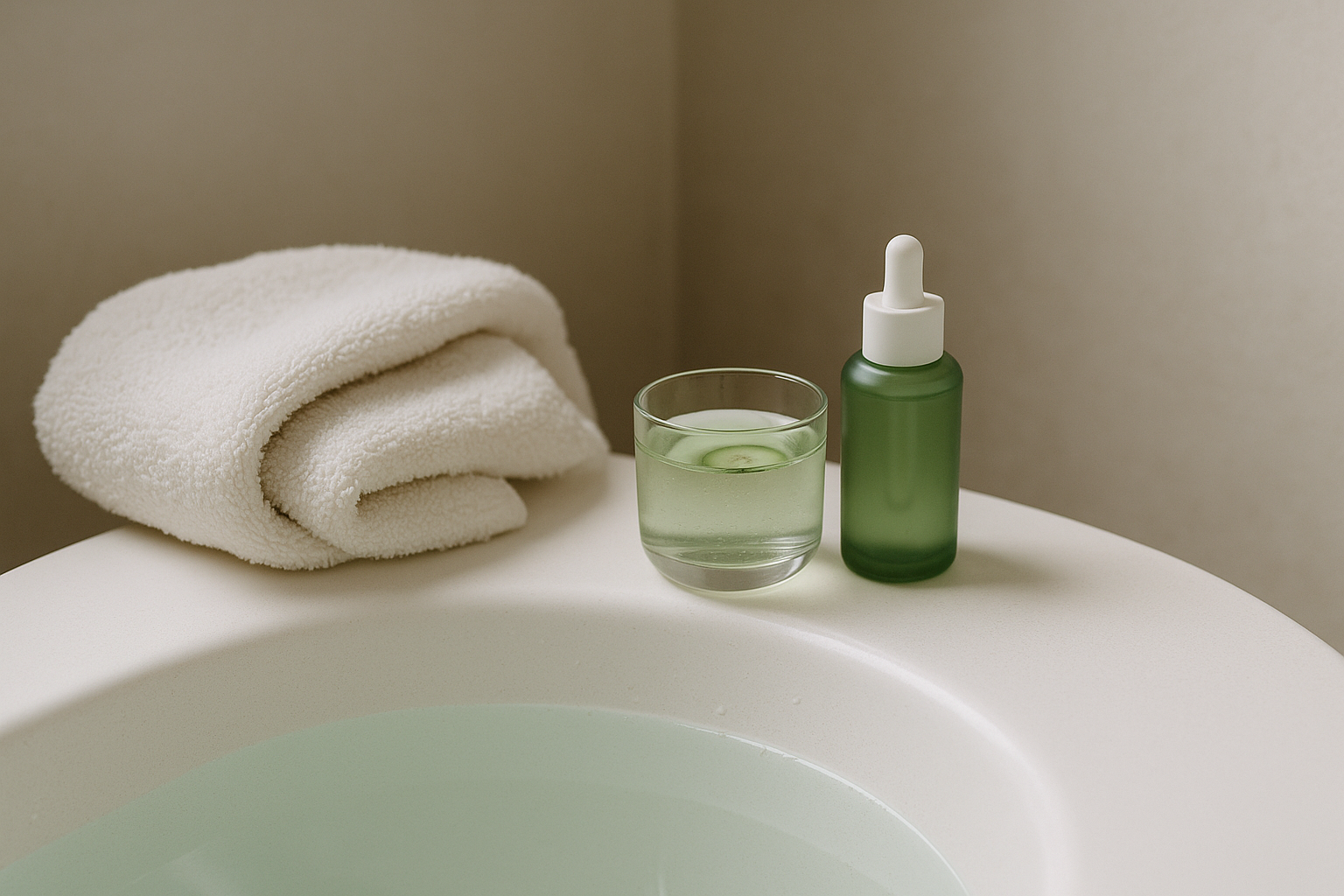alt_text : Bain minimaliste avec soins coréens apaisants, sérum vert, eau infusée et serviette douce.
