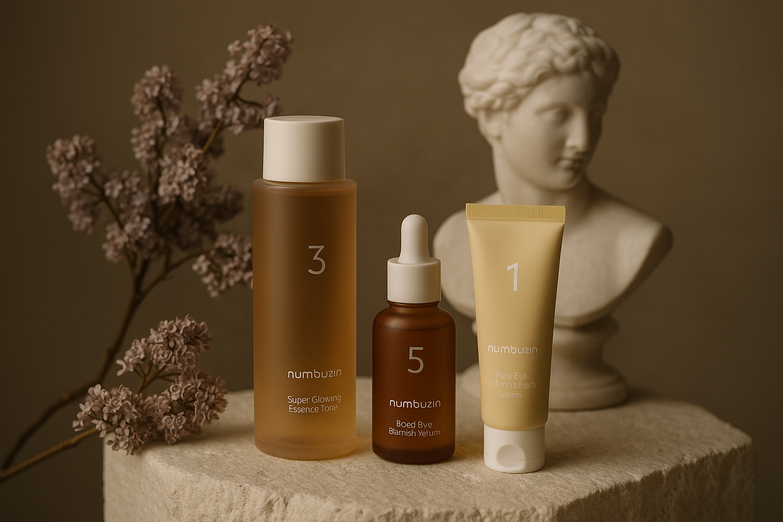 alt_text : Produits Numbuzin sur pierre blanche, éclairés subtilement, avec lilas secs et sculpture en marbre.