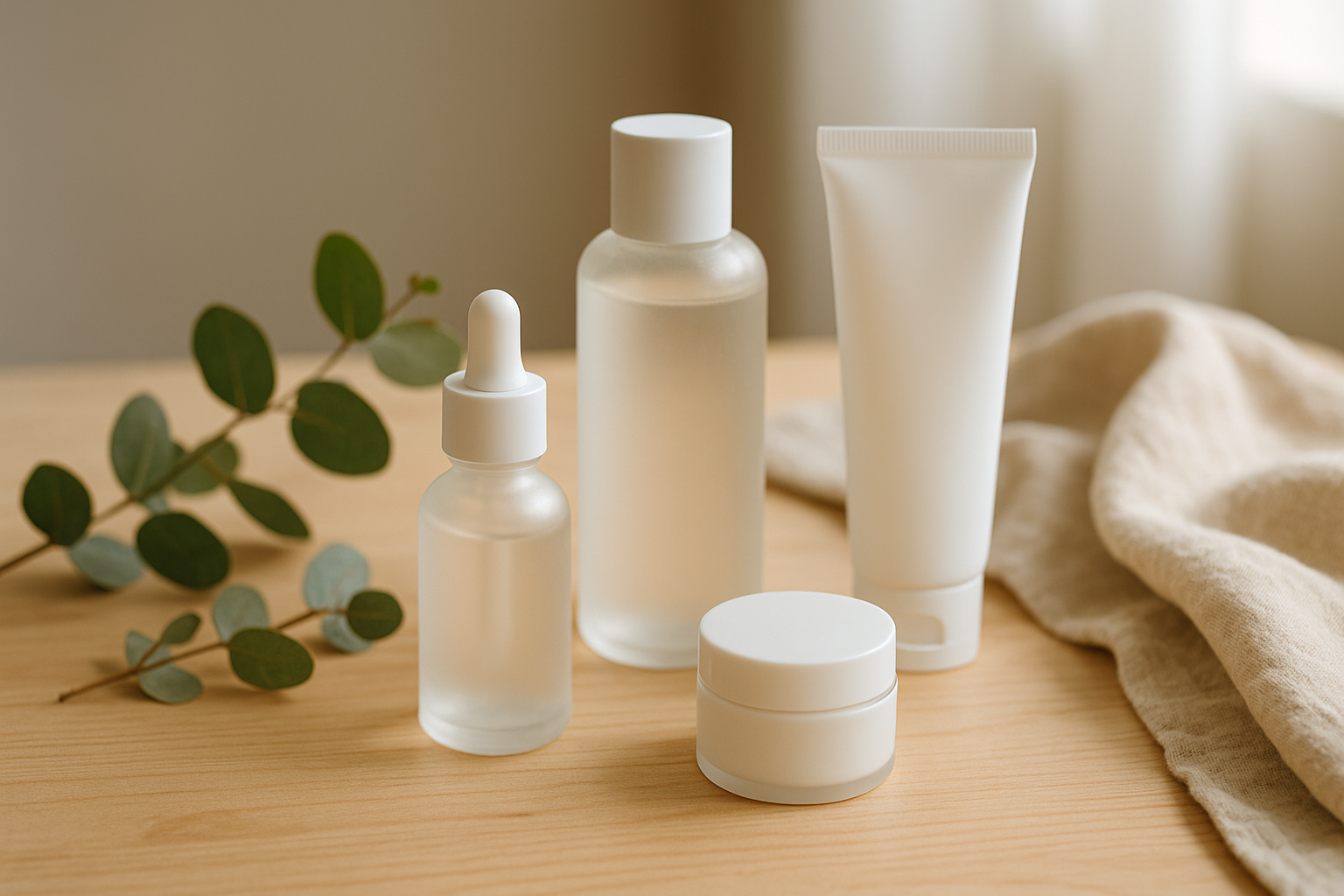 alt_text : Soins coréens minimalistes sur bois clair, tons doux, eucalyptus, lumière naturelle, tissu beige.