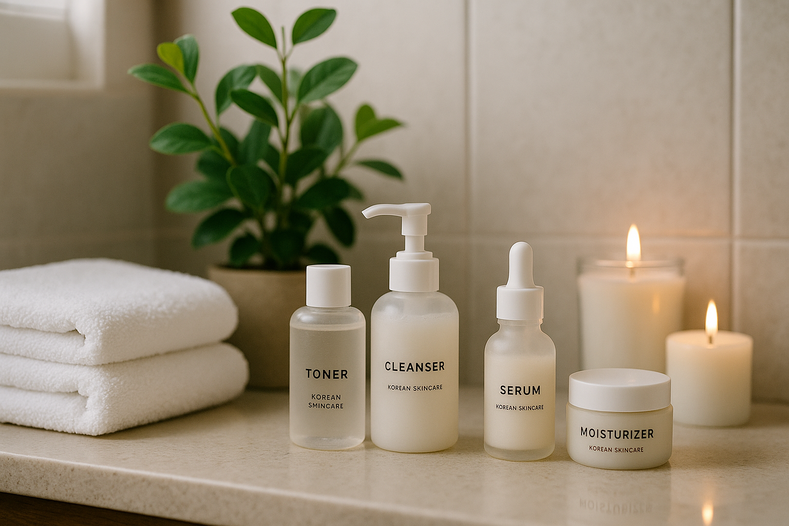 Salle de bain moderne et sereine avec produits de skincare coréen, serviettes blanches, feuillage et bougies.