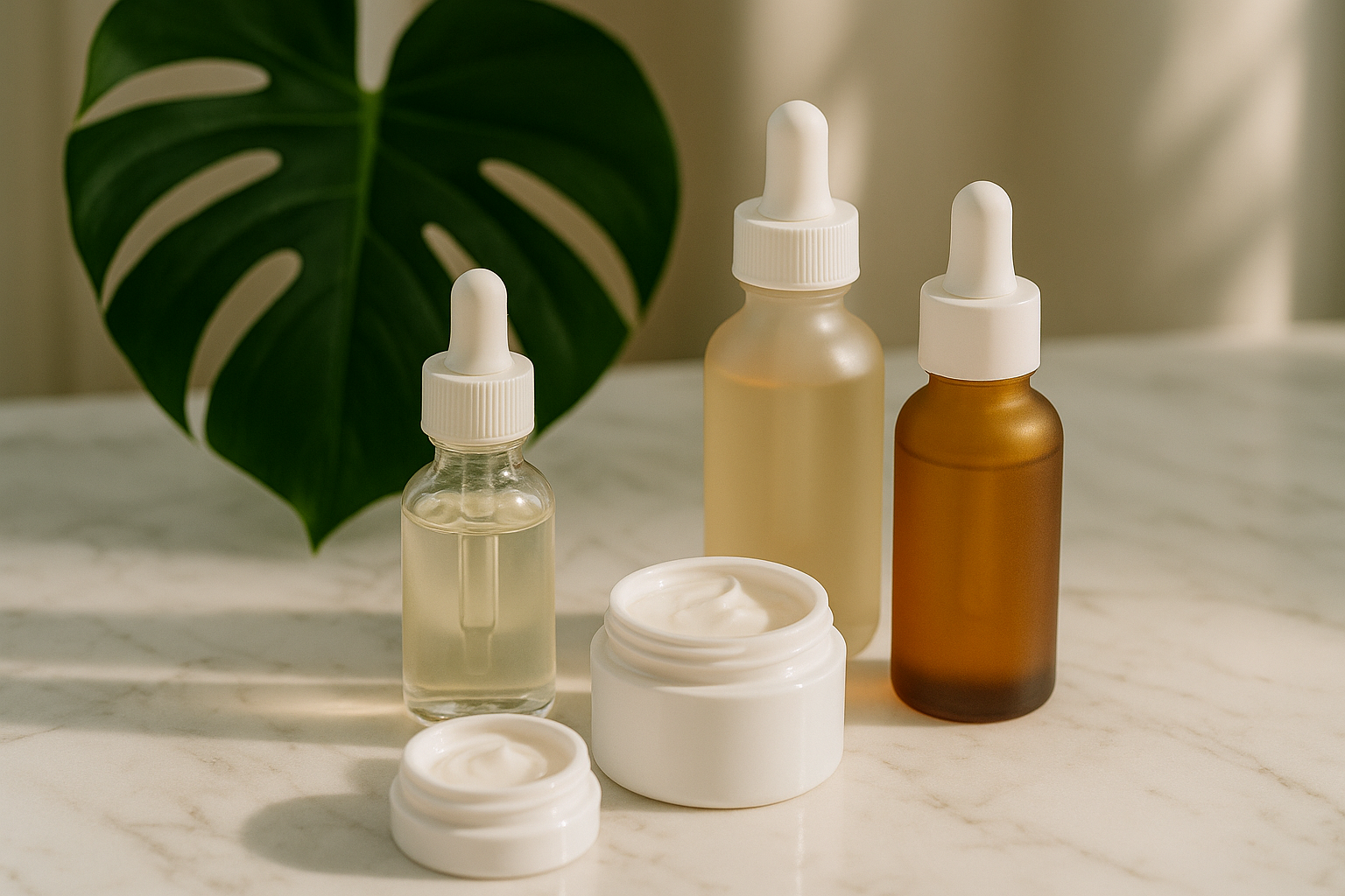 alt_text: Soins coréens et nature : sérums, crèmes sur marbre, Monstera et lumière apaisante.