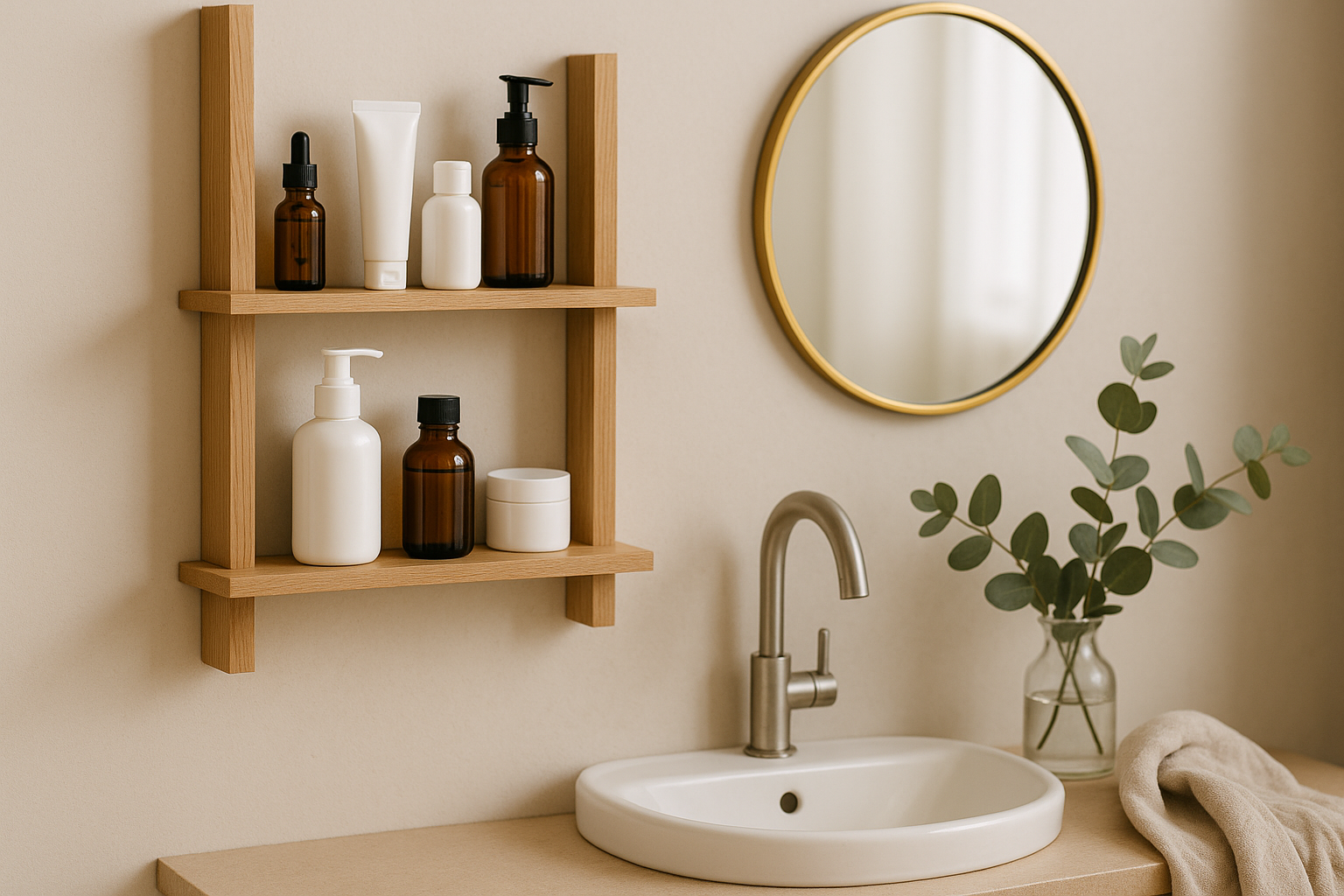 alt_text : Salle de bain moderne avec étagères bois, produits coréens, miroir doré, eucalyptus et lin beige.