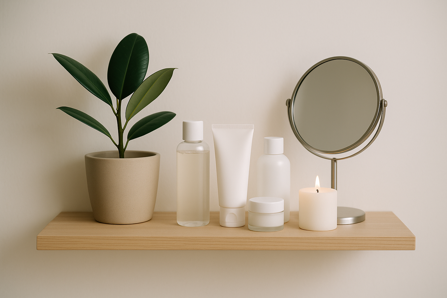 alt_text : Étagère minimaliste avec produits K-beauty, miroir, plante et bougie, évoquant pureté et soin.