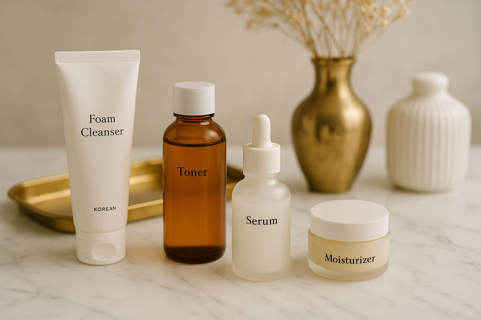 Produits soins coréens et déco chic sur marbre blanc, ambiance raffinée pour blog beauté.