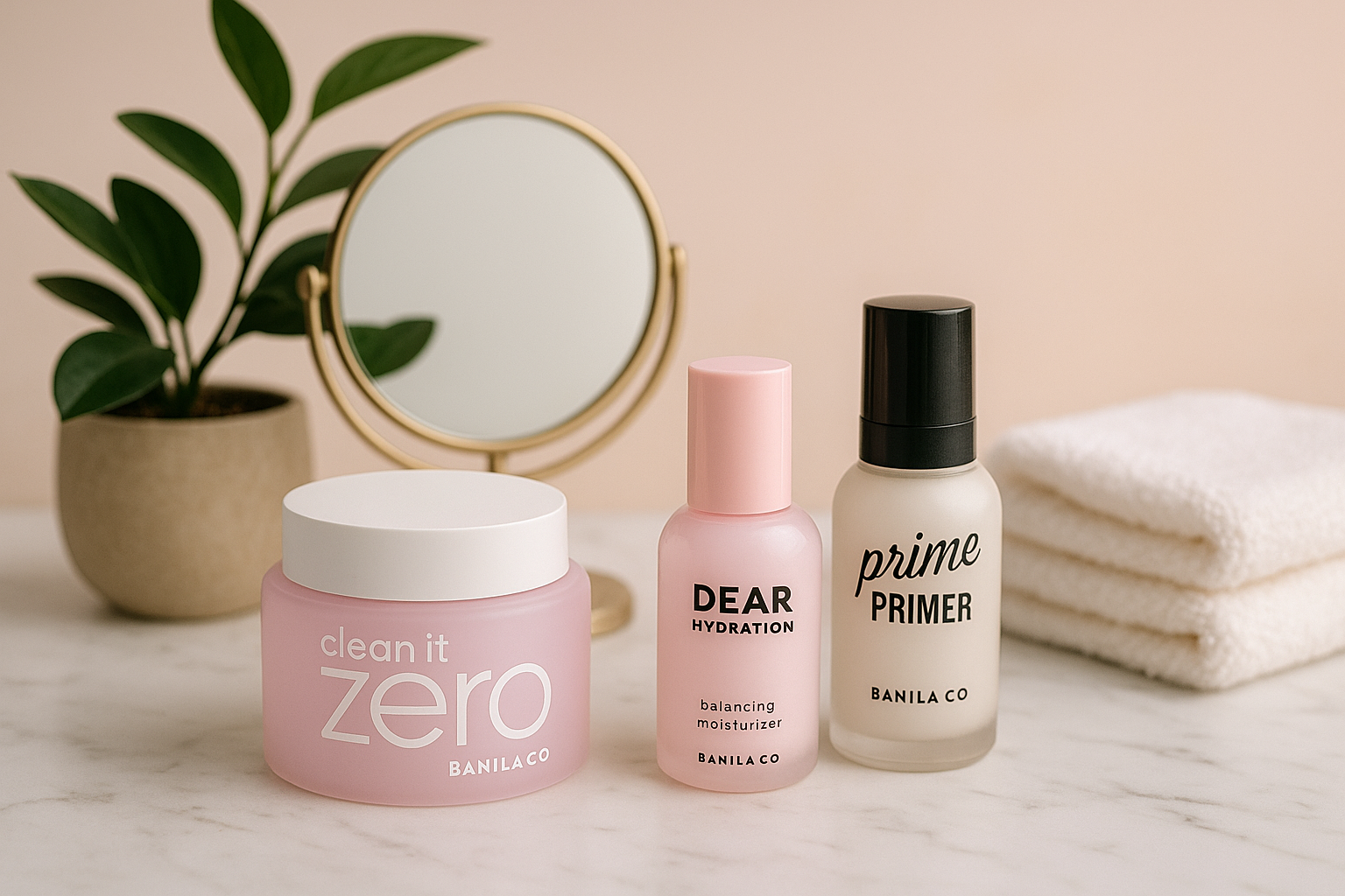 Produits Banila Co chic sur marbre blanc, avec plante, miroir, serviettes et fond pastel apaisant.
