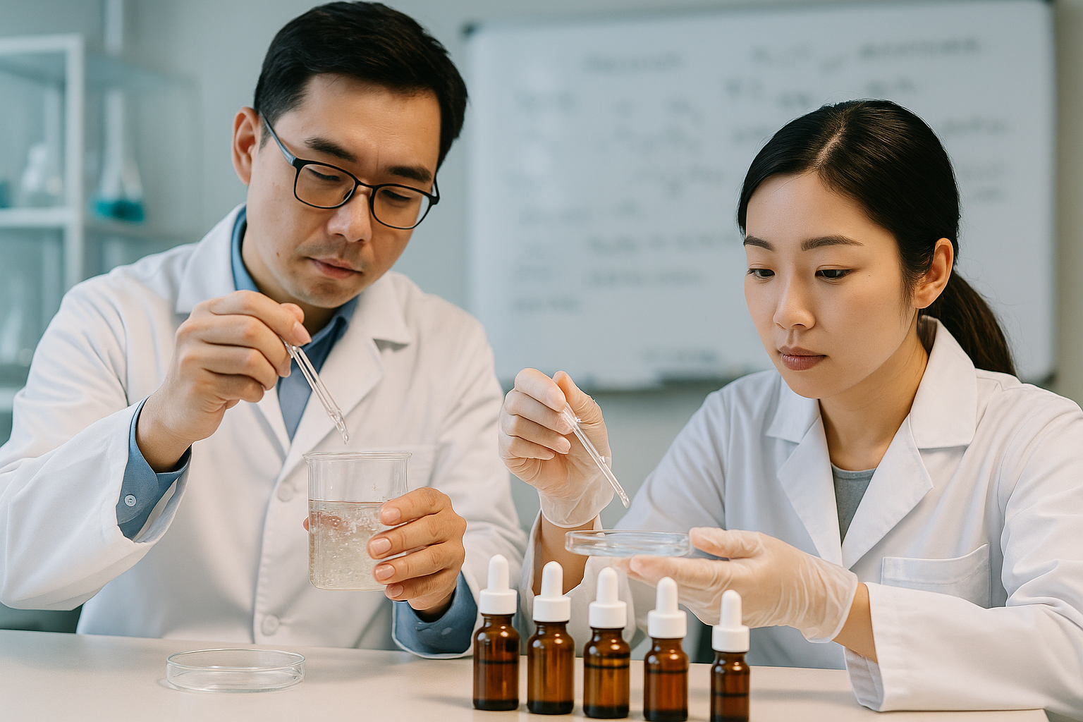 alt_text : Scientifiques en labo moderne, élaborant des soins de peau. Flacons d'actifs coréens, notes en arrière.