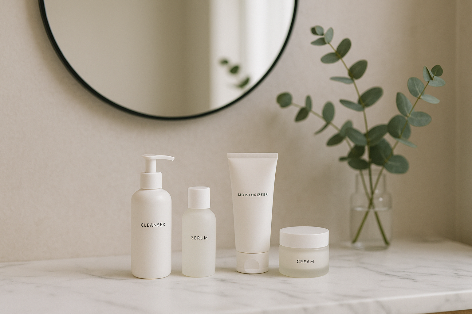 alt_text : Espace de toilette moderne minimaliste avec soins coréens sur marbre, miroir rond, eucalyptus.