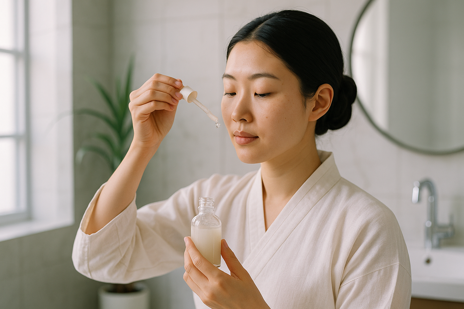alt_text : Femme coréenne appliquant du sérum à l'eau de riz dans une salle de bain moderne et lumineuse.