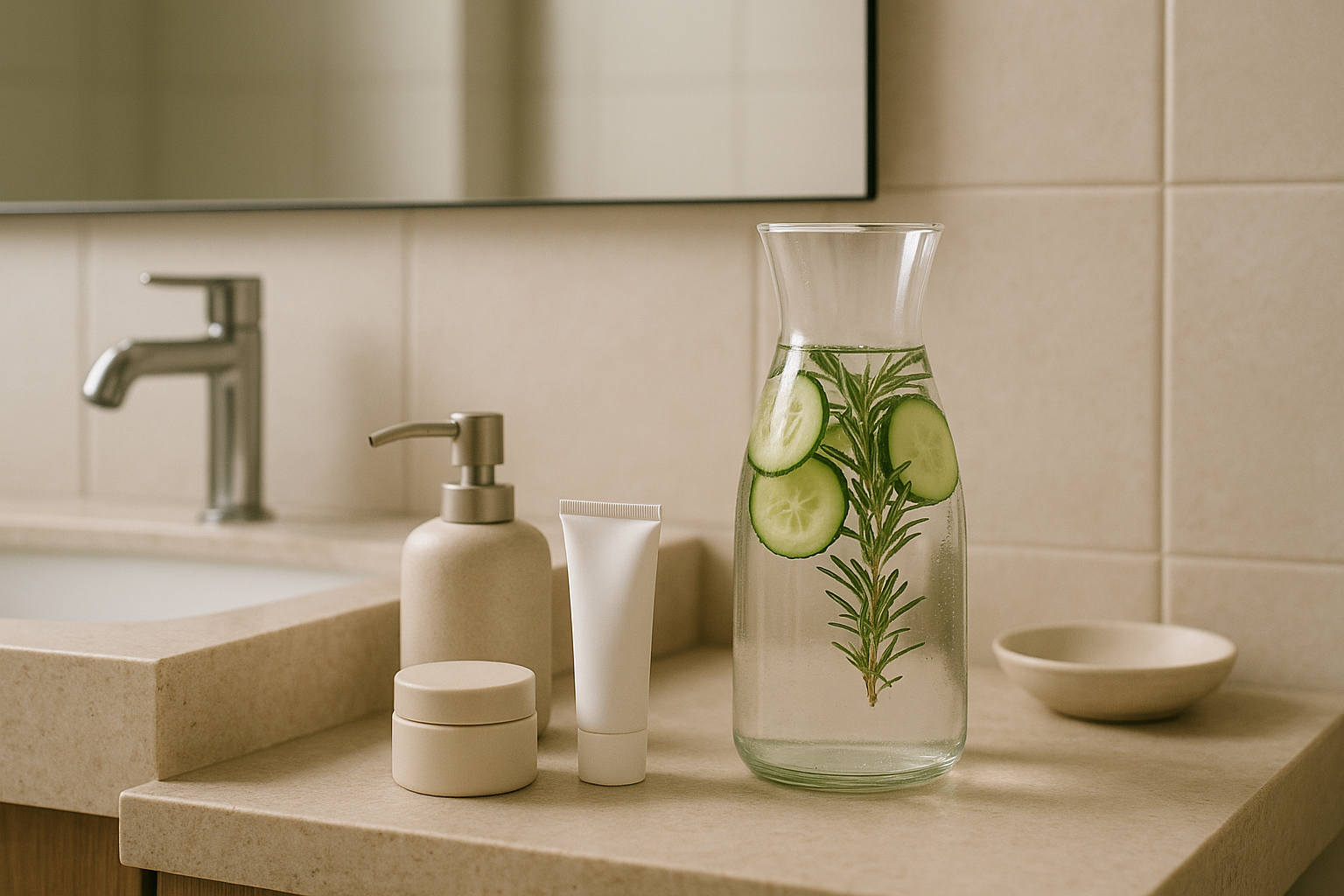 Salle de bain moderne, lumière douce, produits soins minimalistes, carafe d'eau infusée, sérénité.