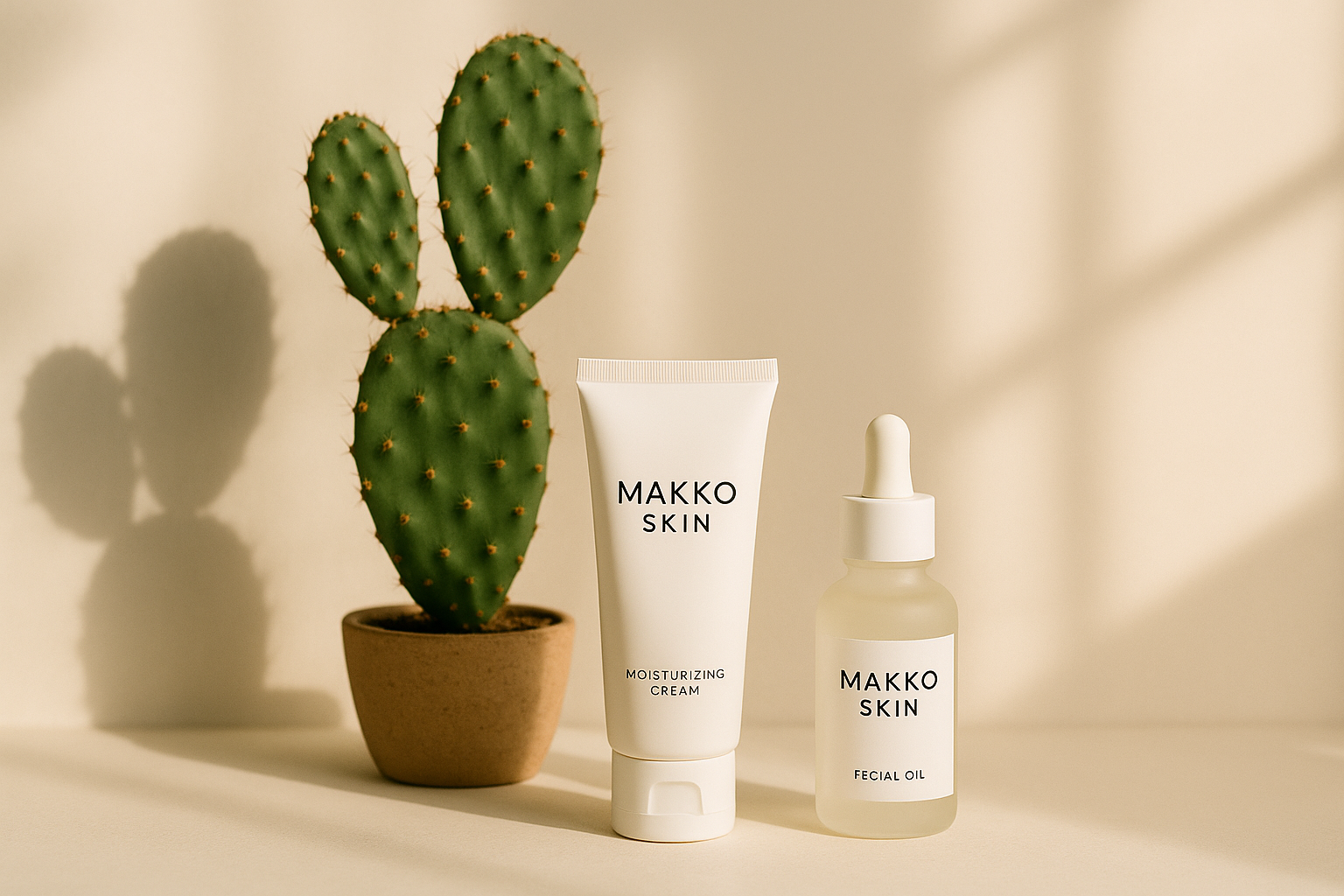 alt_text: Scène minimaliste avec soins MAKKO SKIN, cactus et lumière douce, évoquant bien-être et pureté.