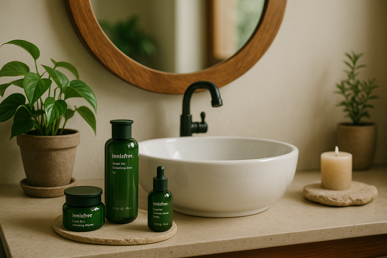 alt_text : Lavabo chic en céramique avec miroir en bois, produits Innisfree, plantes vertes et déco zen.