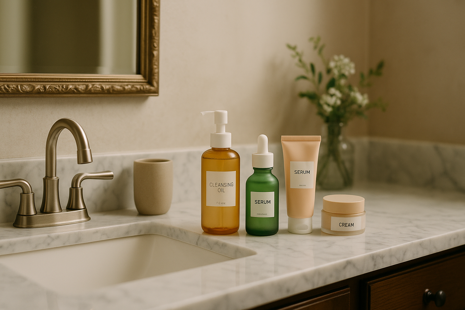 alt_text : Salle de bain élégante avec plan de travail en marbre et produits skincare coréens alignés.