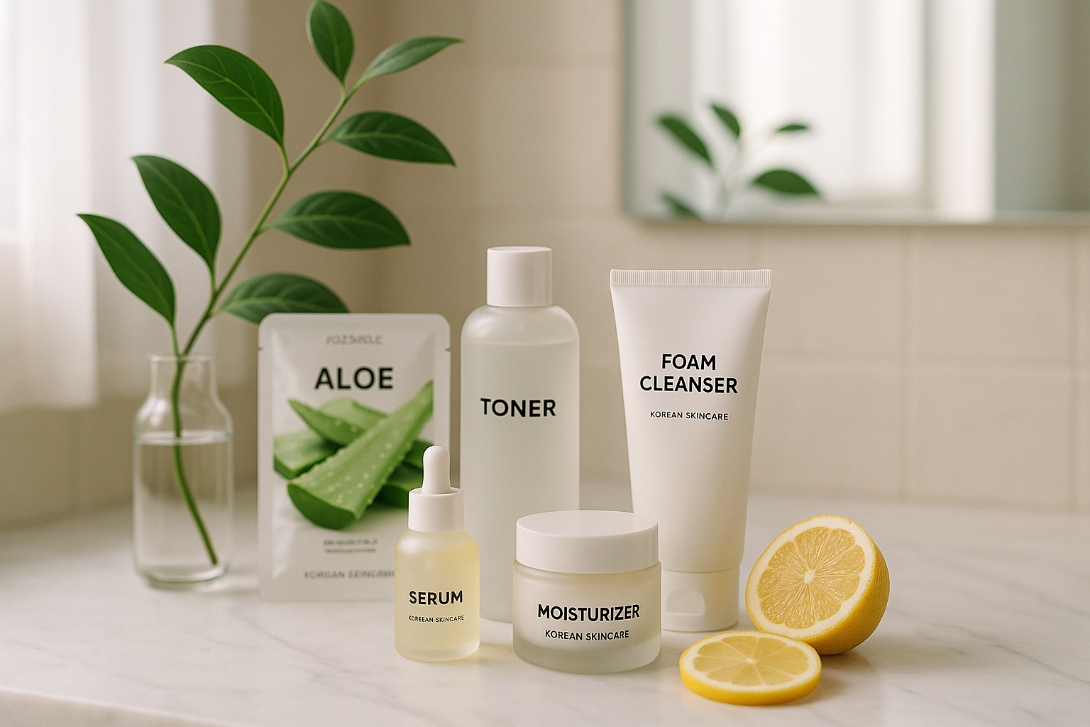 alt_text : Salle de bain épurée avec produits coréens, feuillage frais, tranches de citron et lumière douce.