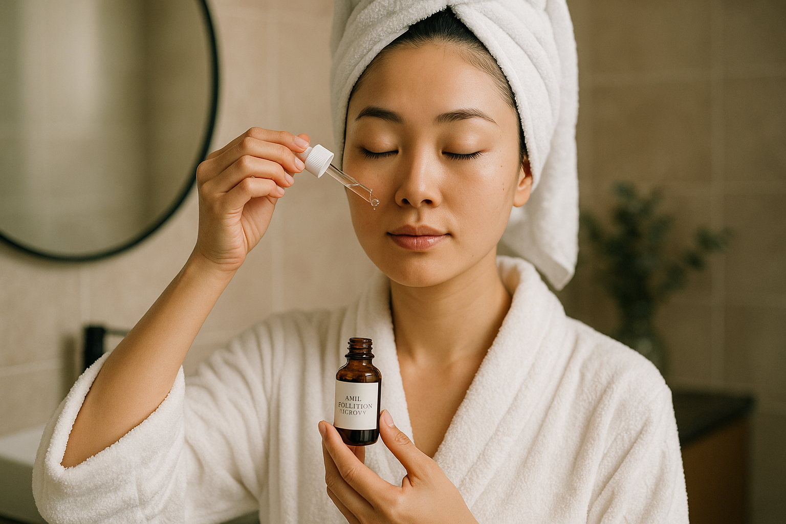 alt_text : Femme se chouchoute avec sérum anti-pollution dans une salle de bain chic, sérénité zen.