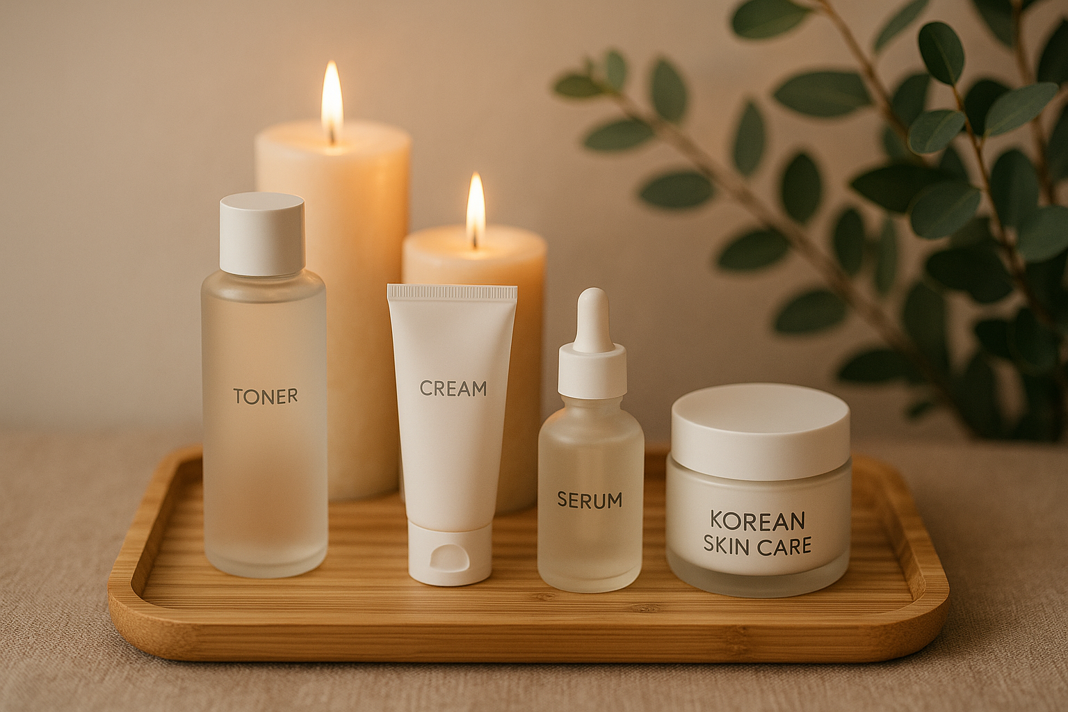 Scène apaisante et élégante de produits soins coréens sur plateau bambou avec bougies et verdure.