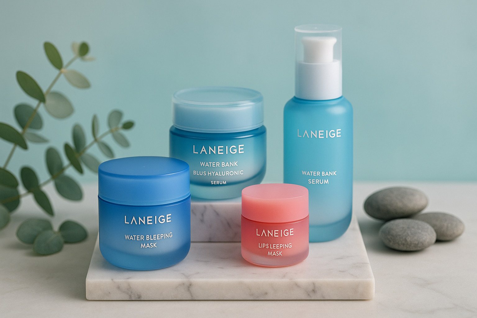 alt_text : Produits Laneige sur socle marbre avec eucalyptus, éclairage doux, fond aqua et pierres lisses.