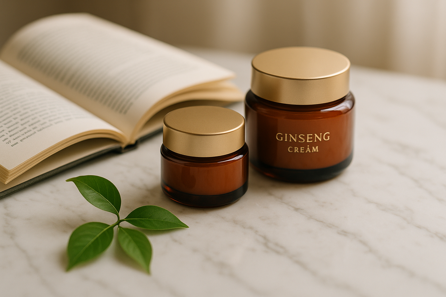 alt_text : Scène minimaliste avec crèmes au ginseng sur marbre, feuilles fraîches, livre ouvert et lumière douce.