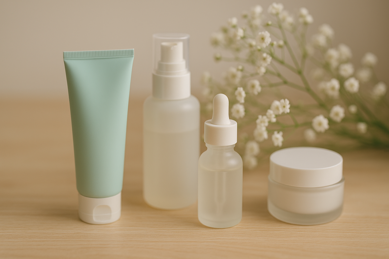 alt_text : Produits de soin coréens sur bois clair, fleurs apaisantes, ambiance douce et minimaliste.