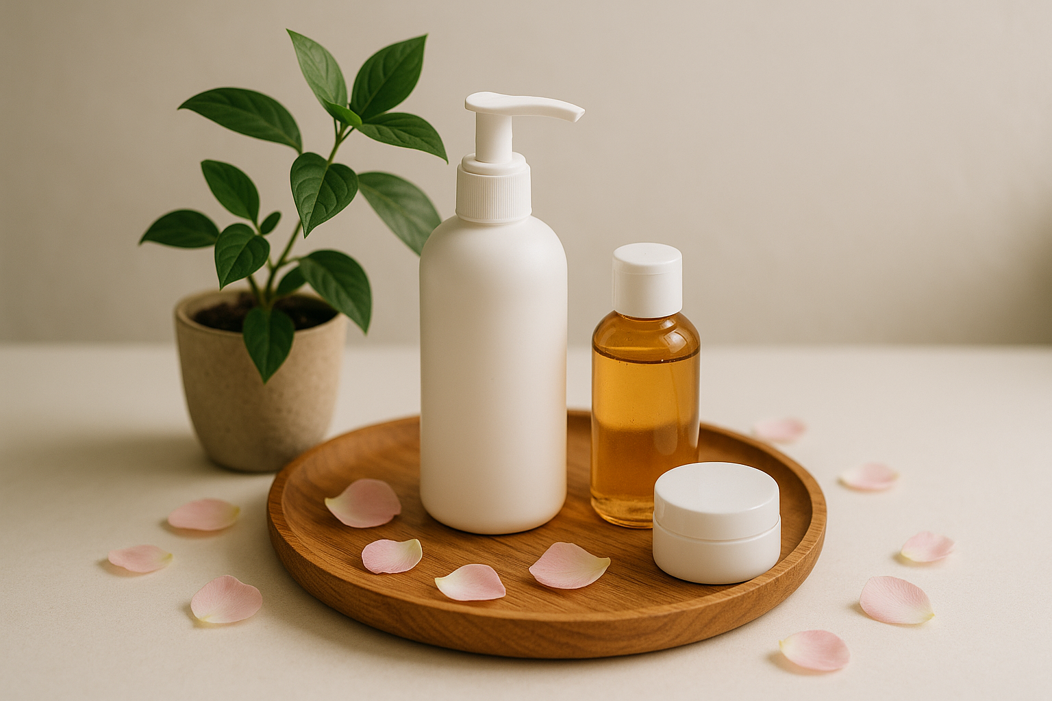 alt_text : Plateau en bois avec soins coréens, plante verte et pétales, dans un décor minimaliste apaisant.