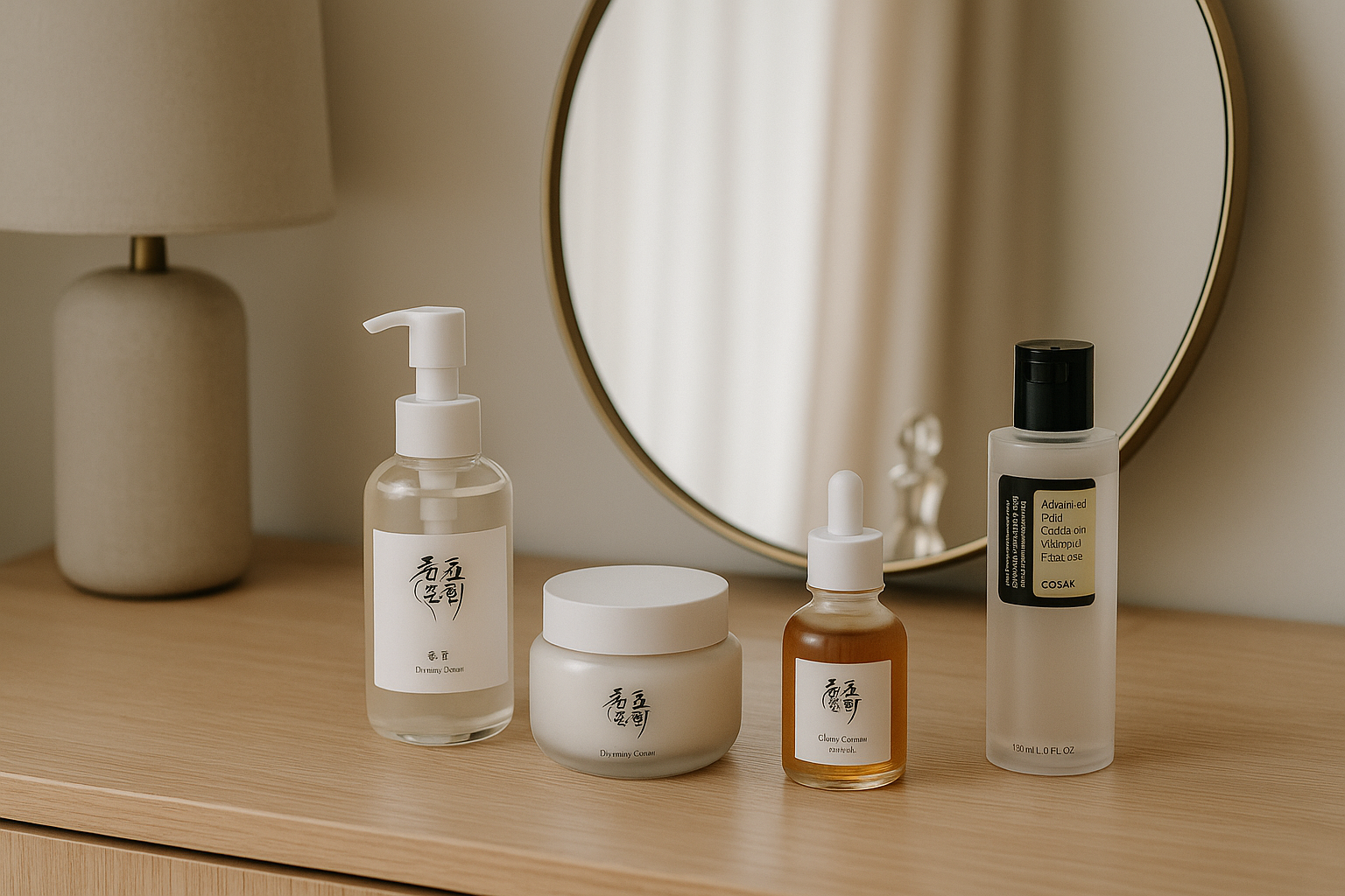 alt_text : Scène chic sur coiffeuse moderne avec produits Beauty Of Joseon et Cosrx, tons neutres et élégants.